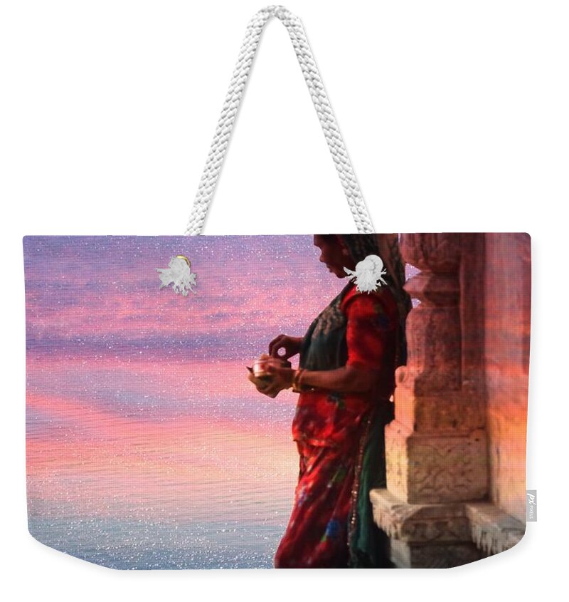 Sunset Weekender Tote Bag featuring the photograph Sunset Lake Colorful Woman Rajasthani Udaipur India by Sue Jacobi