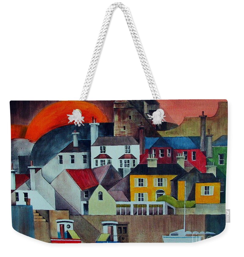 Val Byrne Weekender Tote Bag featuring the mixed media Sunset over Howth by Val Byrne