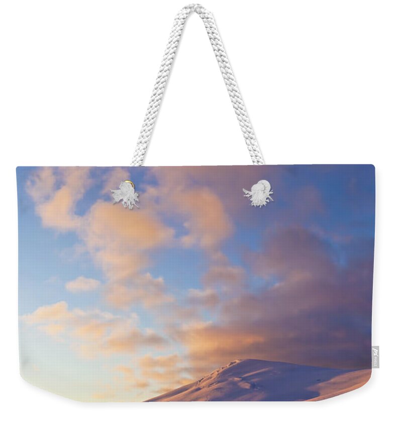 Nis Weekender Tote Bag featuring the photograph Sunset Over Mountains Lemaire Channel by Erik Joosten