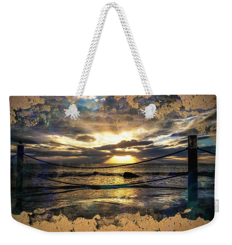 Sunset Photo Weekender Tote Bag featuring the painting Sunset Over Sea Watercolor painting by Georgeta Blanaru