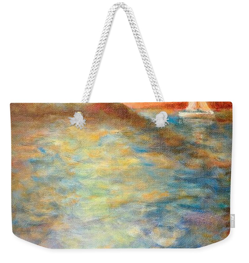 Ocean Weekender Tote Bag featuring the painting Sunset over the sea. by Martin Capek