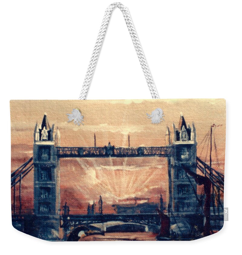 Cormorant Weekender Tote Bag featuring the painting Sunset over Tower Bridge and the Cormorant by Mackenzie Moulton