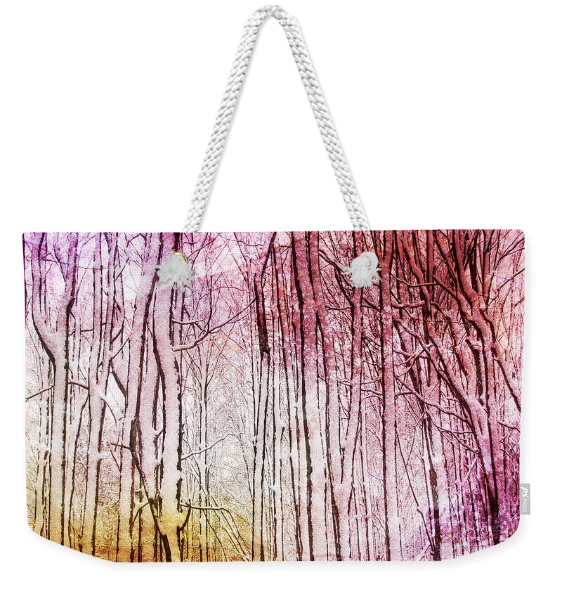 Snowy Weekender Tote Bag featuring the photograph Sunset Snow Twigs by Kathi Mirto