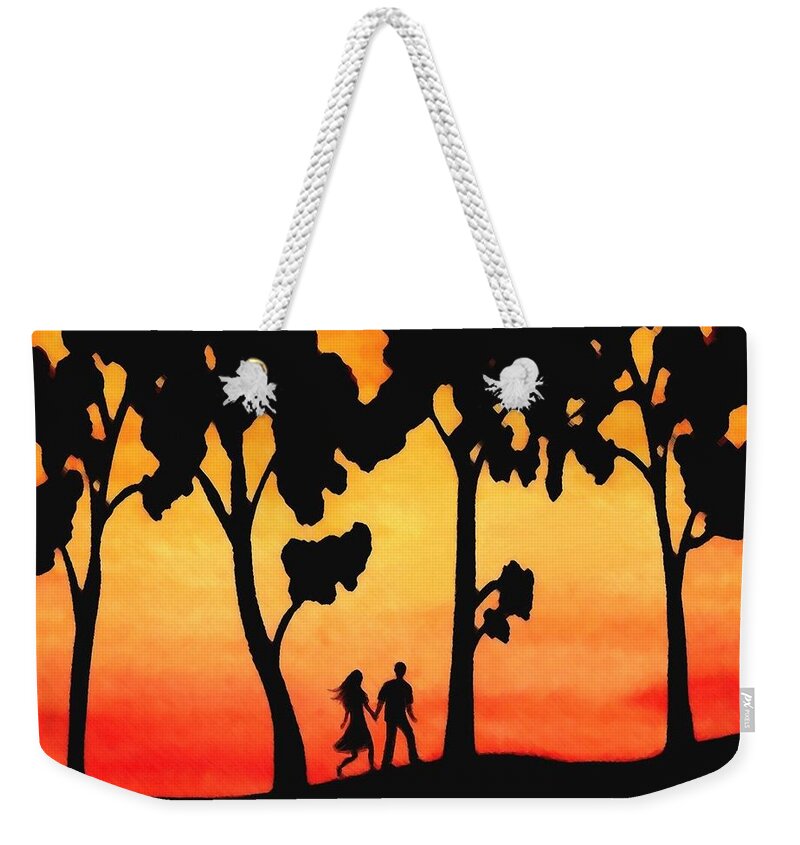 Sunset Weekender Tote Bag featuring the painting Sunset Walk by SophiaArt Gallery