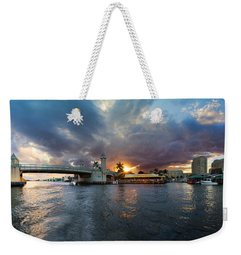 Boats Weekender Tote Bag featuring the photograph Sunset Waterway Panorama by Debra and Dave Vanderlaan