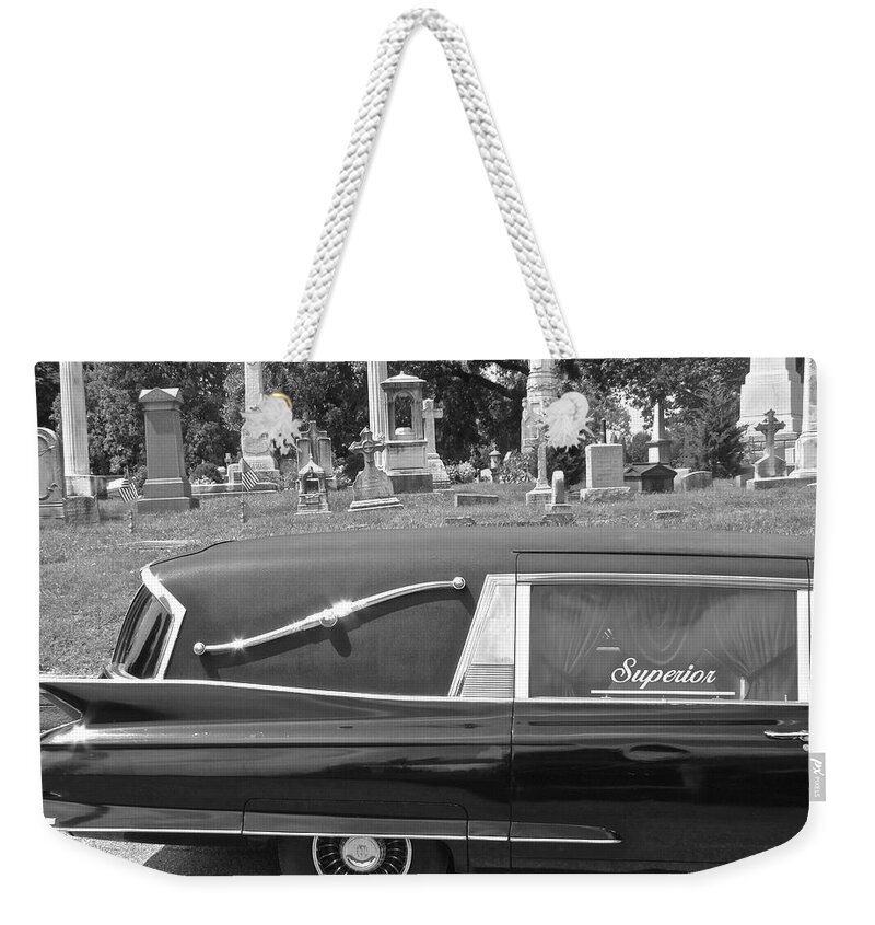 Superior Hearse Laurel Hill Cemetary Philadelphia Pa Car Show Black White Weekender Tote Bag featuring the photograph Superior by Alice Gipson