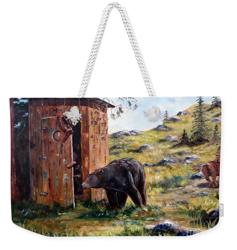 Rocky Mountain National Park Weekender Tote Bag featuring the painting Surprise Visit by Lee Piper