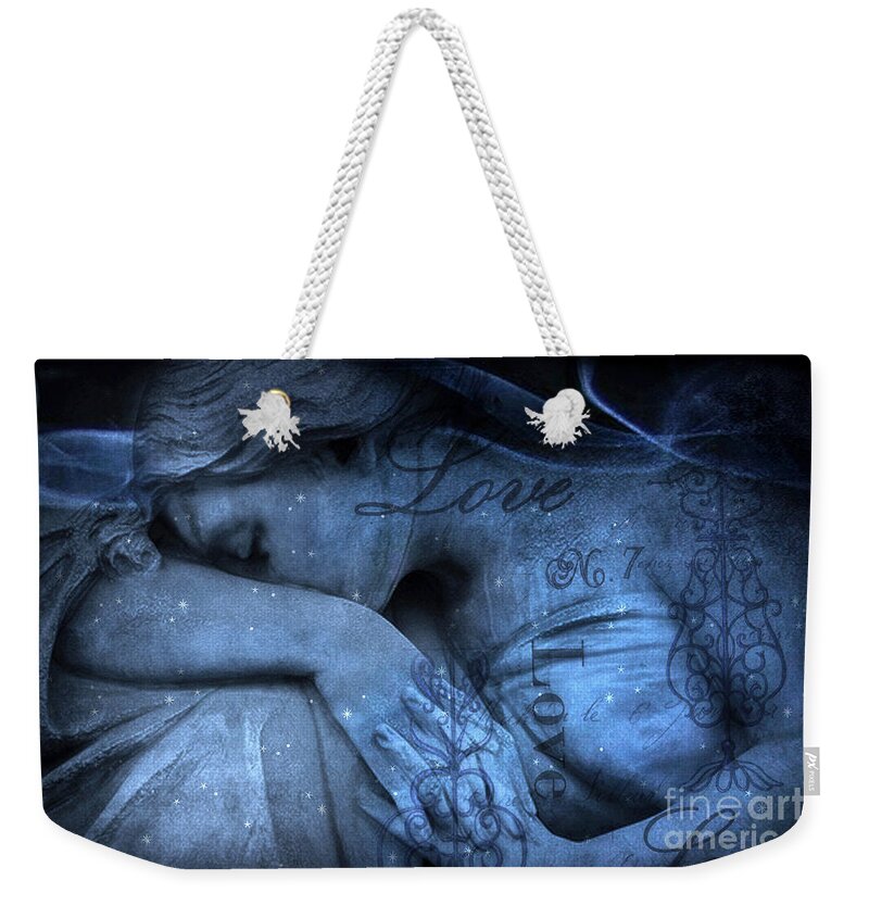 Angel Weekender Tote Bag featuring the photograph Surreal Blue Sad Mourning Weeping Angel Lost Love - Starry Blue Angel Weeping With Love Script by Kathy Fornal