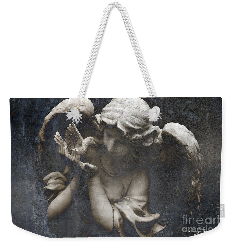 Angel Weekender Tote Bag featuring the photograph Ethereal Guardian Angel With Dove of Peace by Kathy Fornal