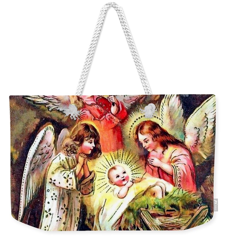 Xmas Weekender Tote Bag featuring the painting Surrounded by Angels by Munir Alawi