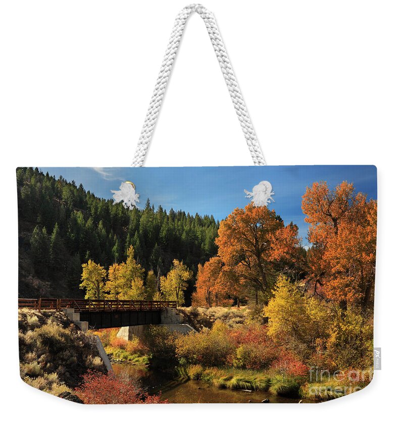Autumn Weekender Tote Bag featuring the photograph Susan River Bridge On The Bizz 2 by James Eddy
