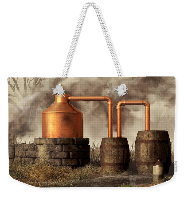 Moonshine Weekender Tote Bag featuring the digital art Swamp Moonshine Still by Daniel Eskridge