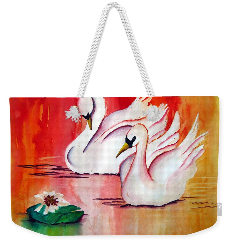 Swans Weekender Tote Bag featuring the painting Swans in Love by Lil Taylor