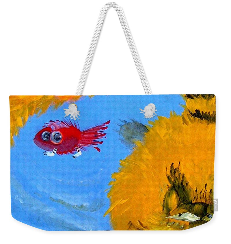 Animals Weekender Tote Bag featuring the painting Swimming of a Yellow Cat by Marina Gnetetsky