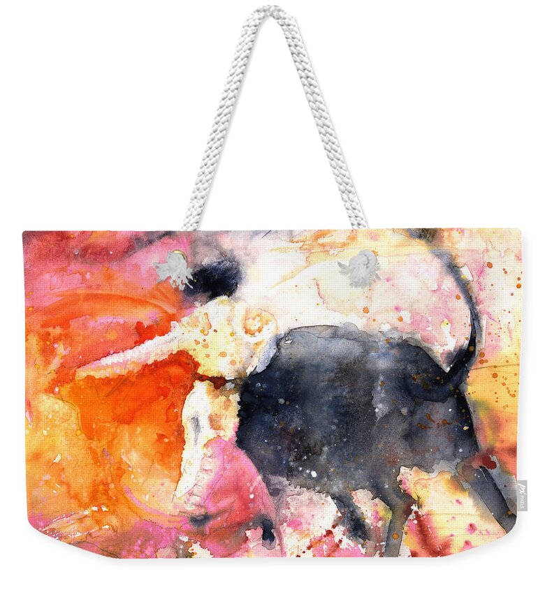 Watercolour Weekender Tote Bag featuring the painting Swinging Yellow and Pink by Miki De Goodaboom