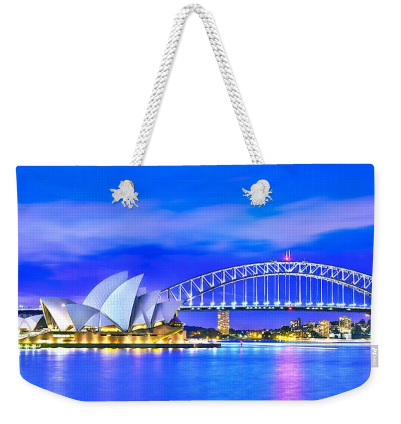 Sydney Weekender Tote Bag featuring the photograph Sydney Harbour Blues Panorama by Az Jackson