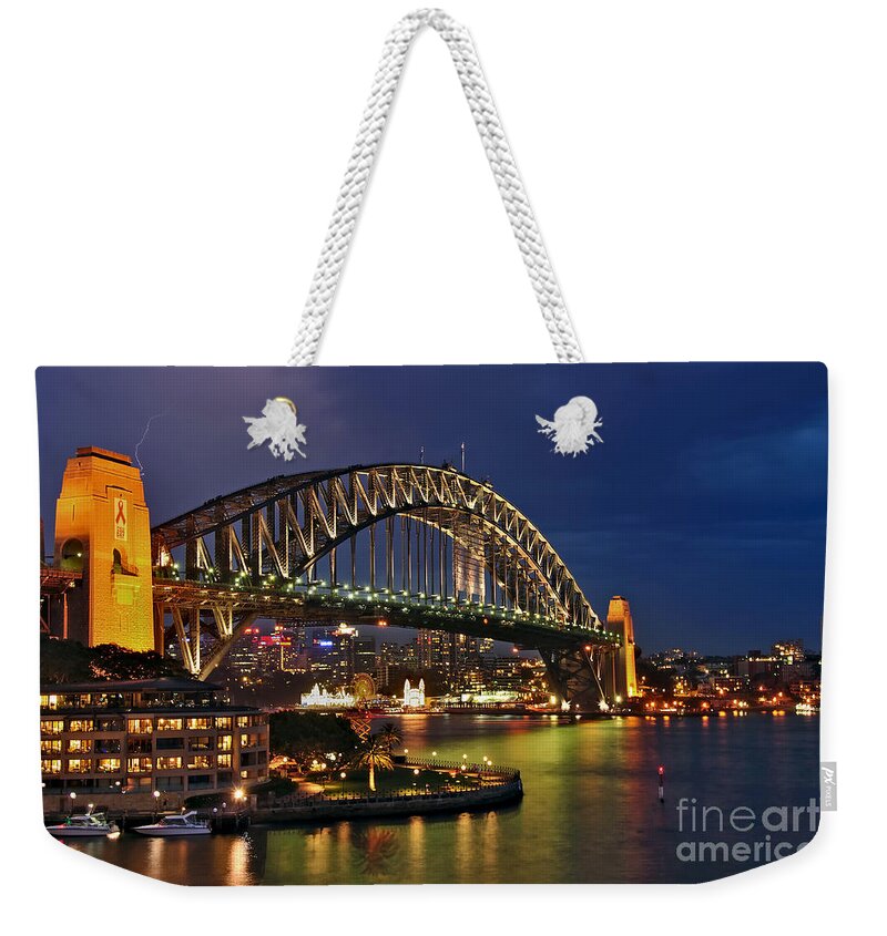 Sydney Harbour Bridge By Night Weekender Tote Bag featuring the photograph Sydney Harbour Bridge by Night by Kaye Menner