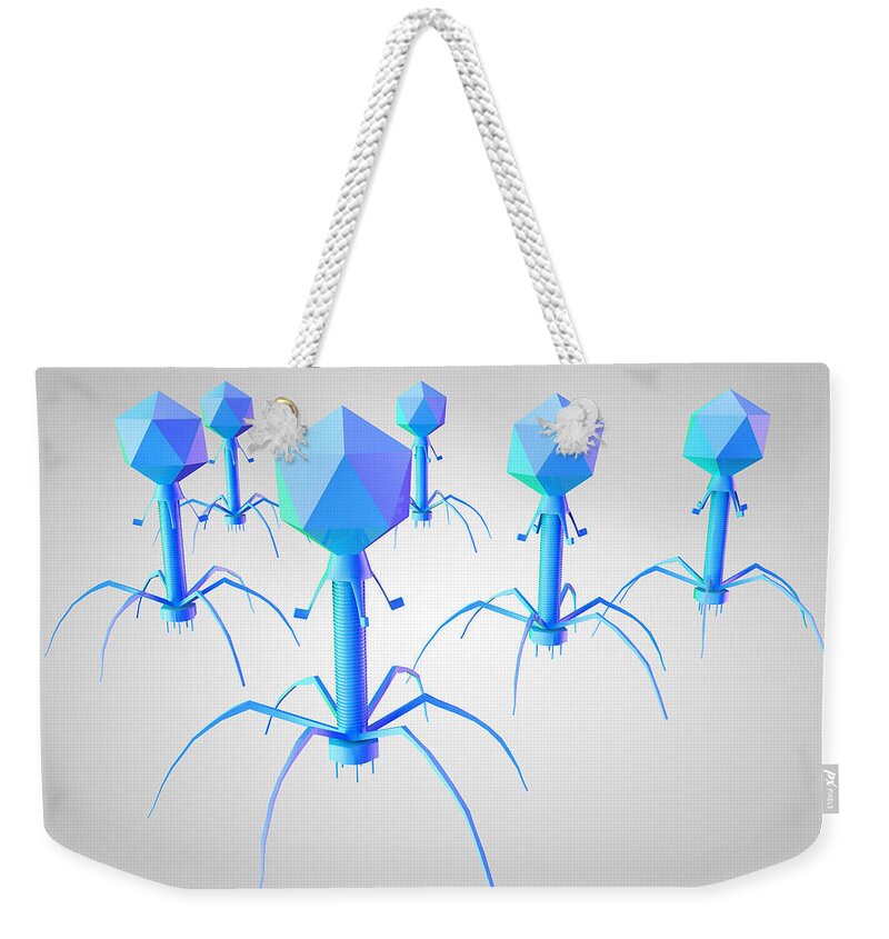 Artwork Weekender Tote Bag featuring the photograph T4 Bacteriophage Virus, Illustration by Ella Marus Studio