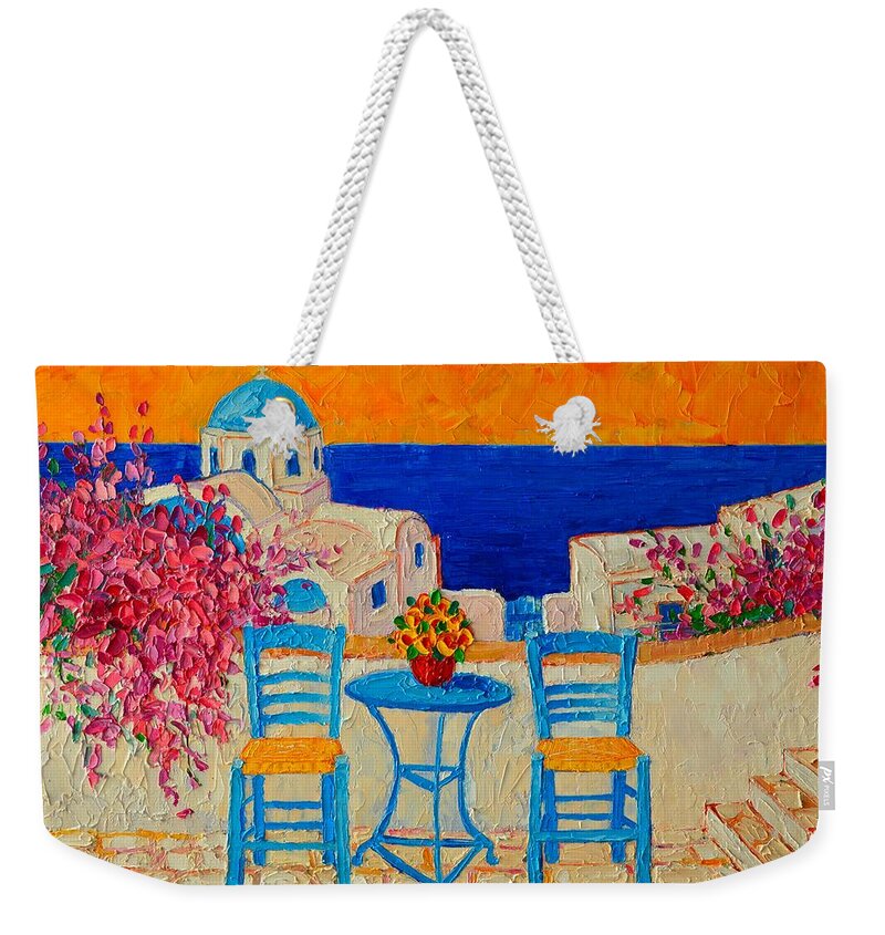 Greece Weekender Tote Bag featuring the painting Table For Two In Santorini Greece by Ana Maria Edulescu