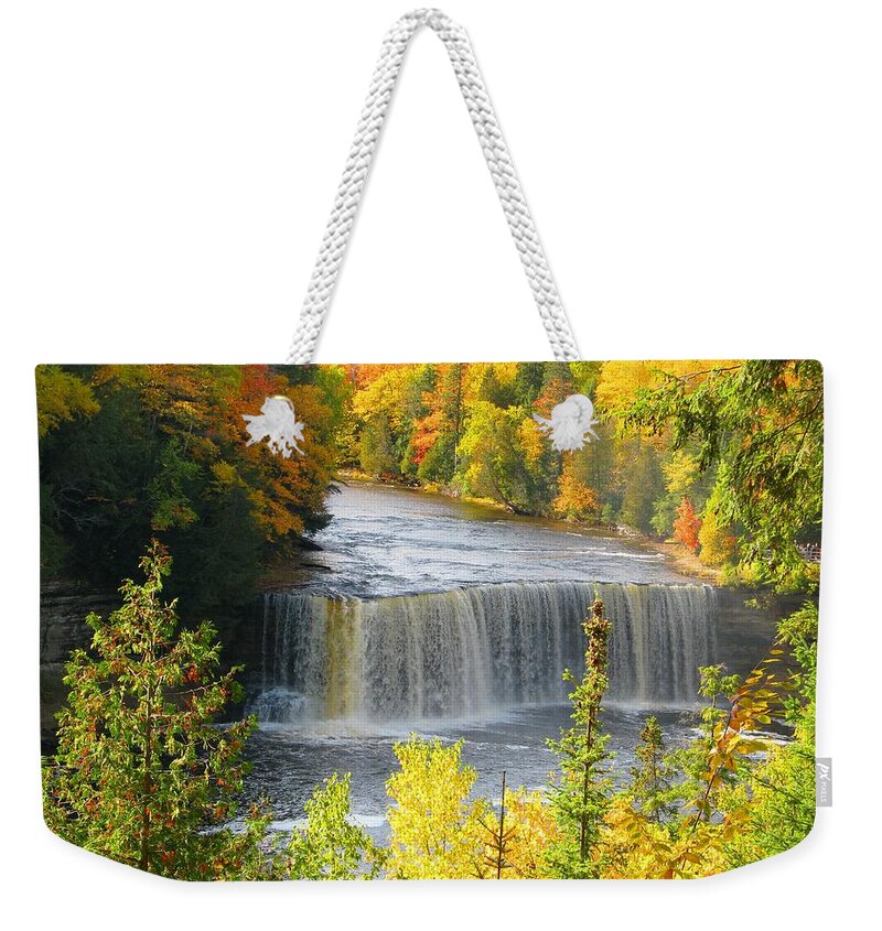 Waterfall Weekender Tote Bag featuring the photograph Tahquamenon Falls in October by Keith Stokes