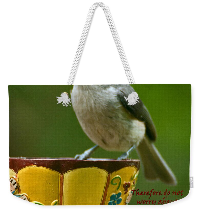 Black Capped Chickadee Weekender Tote Bag featuring the photograph Taken Care Of by Sandra Clark