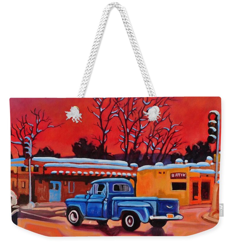 Old Weekender Tote Bag featuring the painting Taos Blue Truck at Dusk by Art West