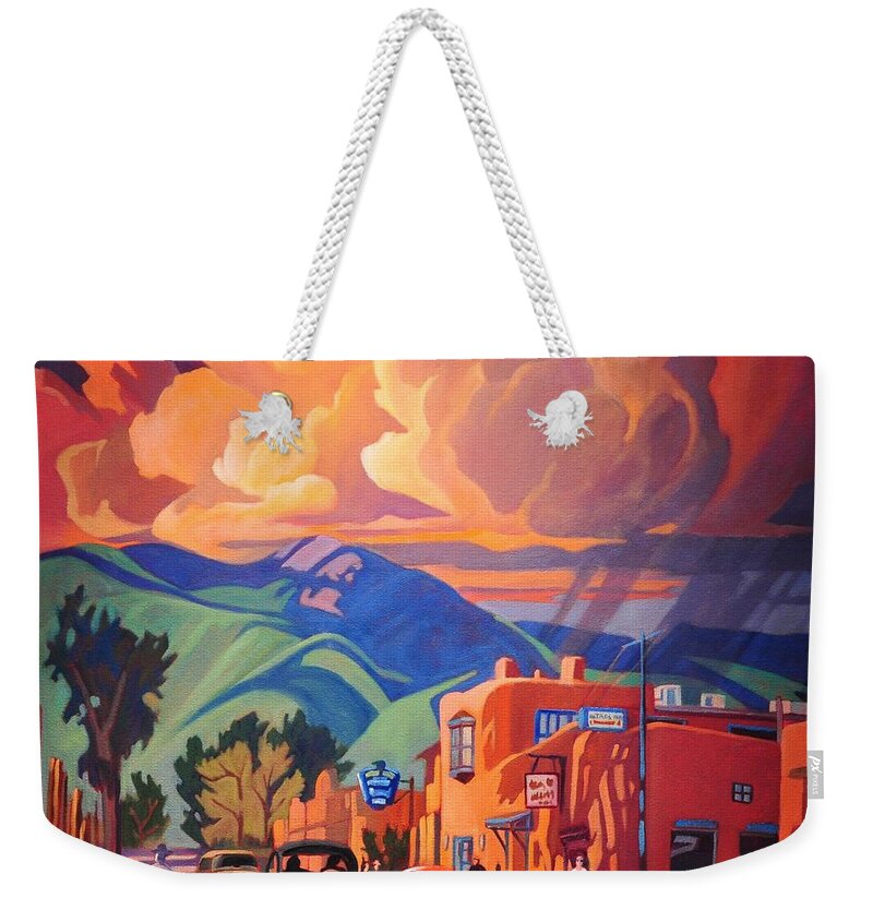 Taos Weekender Tote Bag featuring the painting Taos Inn Monsoon by Art West