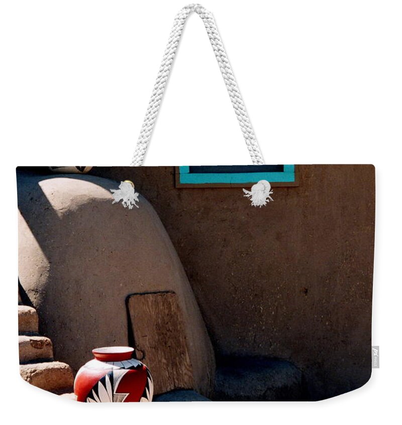 Taos Weekender Tote Bag featuring the photograph Taos New Mexico Pottery by Jacqueline M Lewis