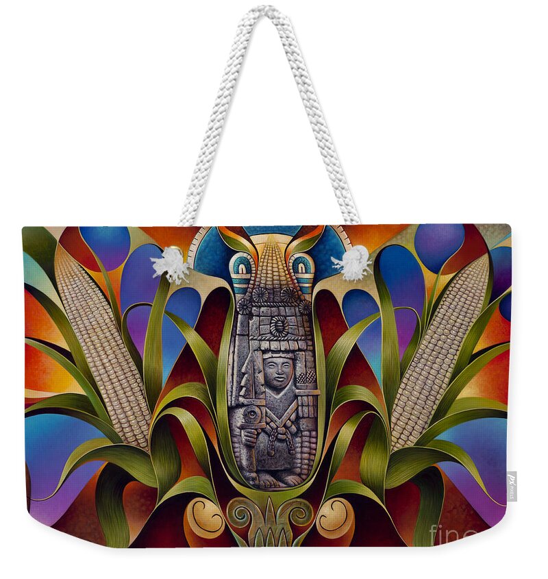 Aztec Weekender Tote Bag featuring the painting Tapestry of Gods - Chicomecoatl by Ricardo Chavez-Mendez