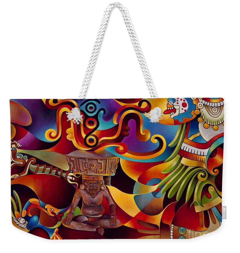Aztec Weekender Tote Bag featuring the painting Tapestry of Gods - Huehueteotl by Ricardo Chavez-Mendez