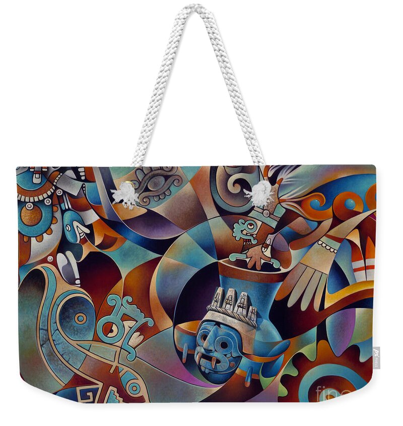 Aztec Weekender Tote Bag featuring the painting Tapestry of Gods - Tlaloc by Ricardo Chavez-Mendez