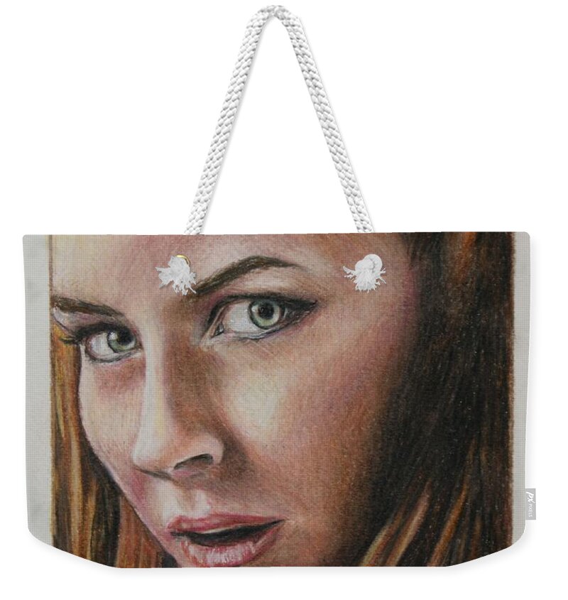 Hobbit Weekender Tote Bag featuring the drawing Tauriel / Evangeline Lilly by Christine Jepsen