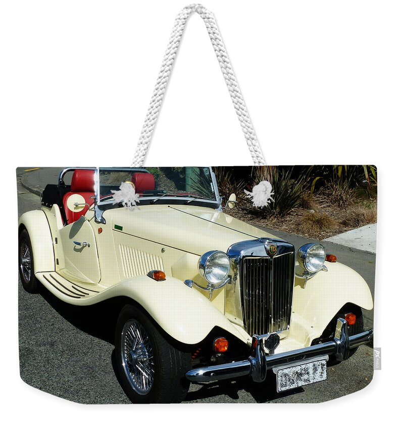 Td; 2000; Mg; Replica; Roadster; Cream; Red; Wire Spoke; Car; Classic; Wind In Your Hair; Radiator; Td2000; Leather; Seats; Bumper Weekender Tote Bag featuring the photograph TD 2000 MG Replica Roadster by Steve Taylor