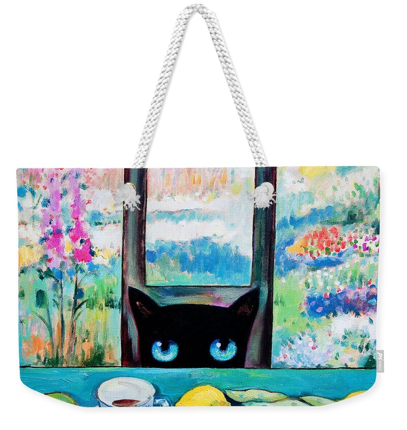 Cat Weekender Tote Bag featuring the painting Tea Time Kitty by Shijun Munns