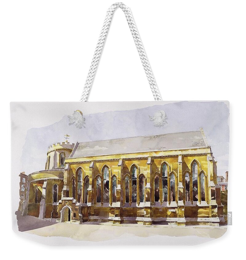 Round Weekender Tote Bag featuring the painting Temple Church by Annabel Wilson