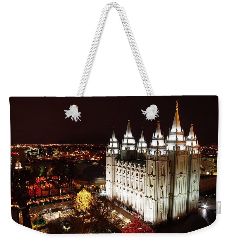 Christmas Weekender Tote Bag featuring the photograph Temple Square by David Andersen