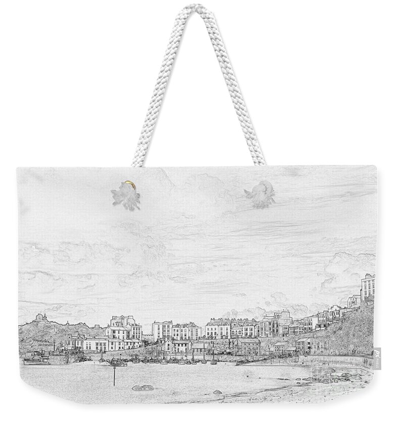 Tenby Weekender Tote Bag featuring the photograph Tenby Harbor Pencil Sketch 2 by Steve Purnell