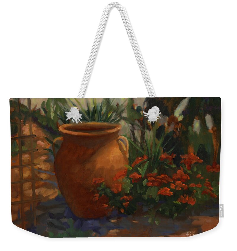Contemporary Floral Weekender Tote Bag featuring the painting Terra Cotta Garden by Maria Hunt