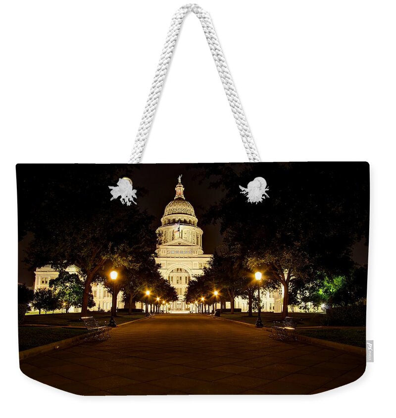 Flag Weekender Tote Bag featuring the photograph Texas Capitol at night by Dave Files