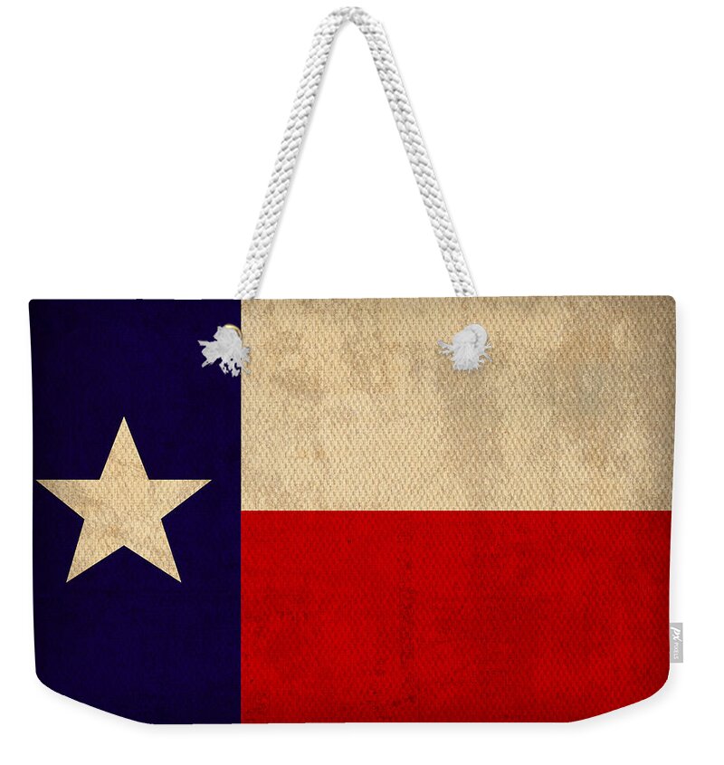 Texas State Flag Lone Star State Art On Worn Canvas Weekender Tote Bag featuring the mixed media Texas State Flag Lone Star State Art on Worn Canvas by Design Turnpike