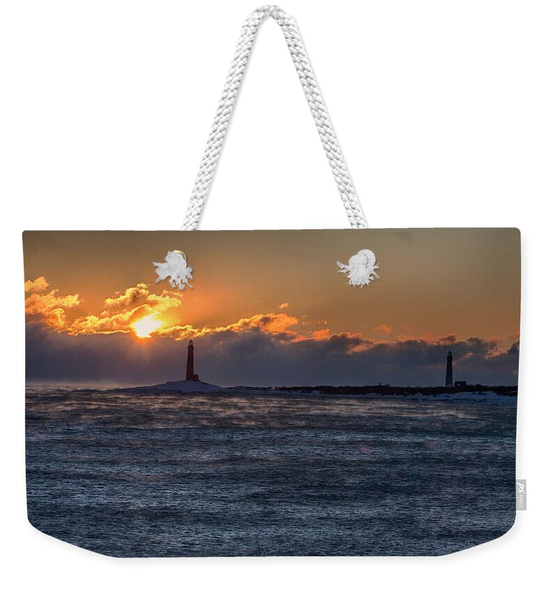 Gloucester Weekender Tote Bag featuring the photograph Thacher Island lighthouse morning dawn by Jeff Folger