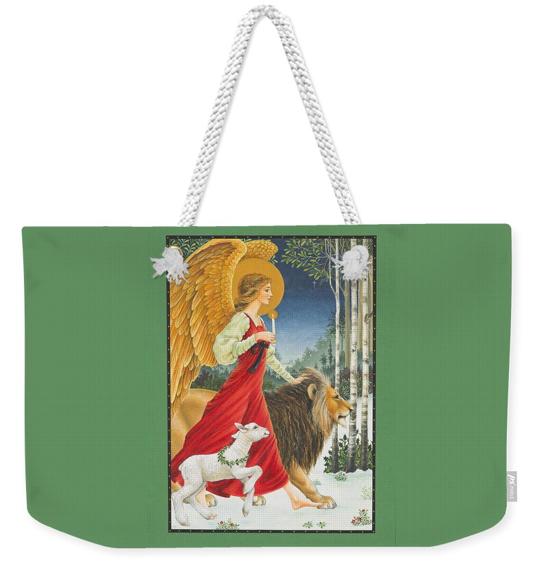 Angel Weekender Tote Bag featuring the painting The Angel The Lion and The Lamb by Lynn Bywaters