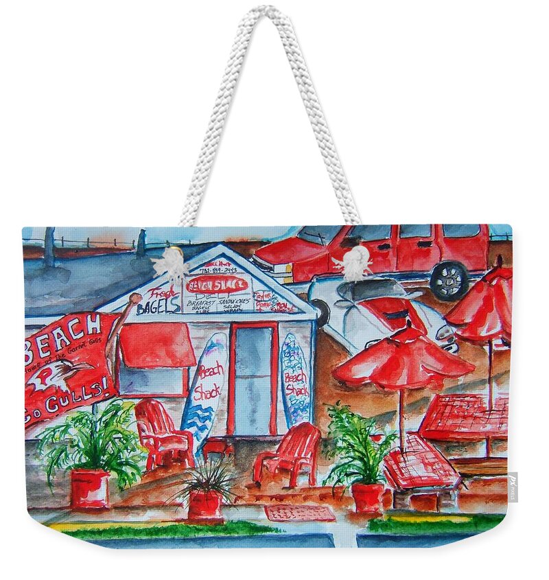 New Jersey Shore Weekender Tote Bag featuring the painting The Beach Shack by Elaine Duras