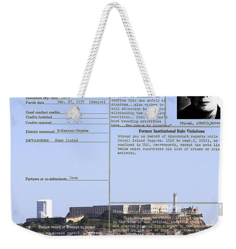 Wingsdomain Weekender Tote Bag featuring the photograph The Birdman of Alcatraz San Francisco 20130323v2 by Wingsdomain Art and Photography