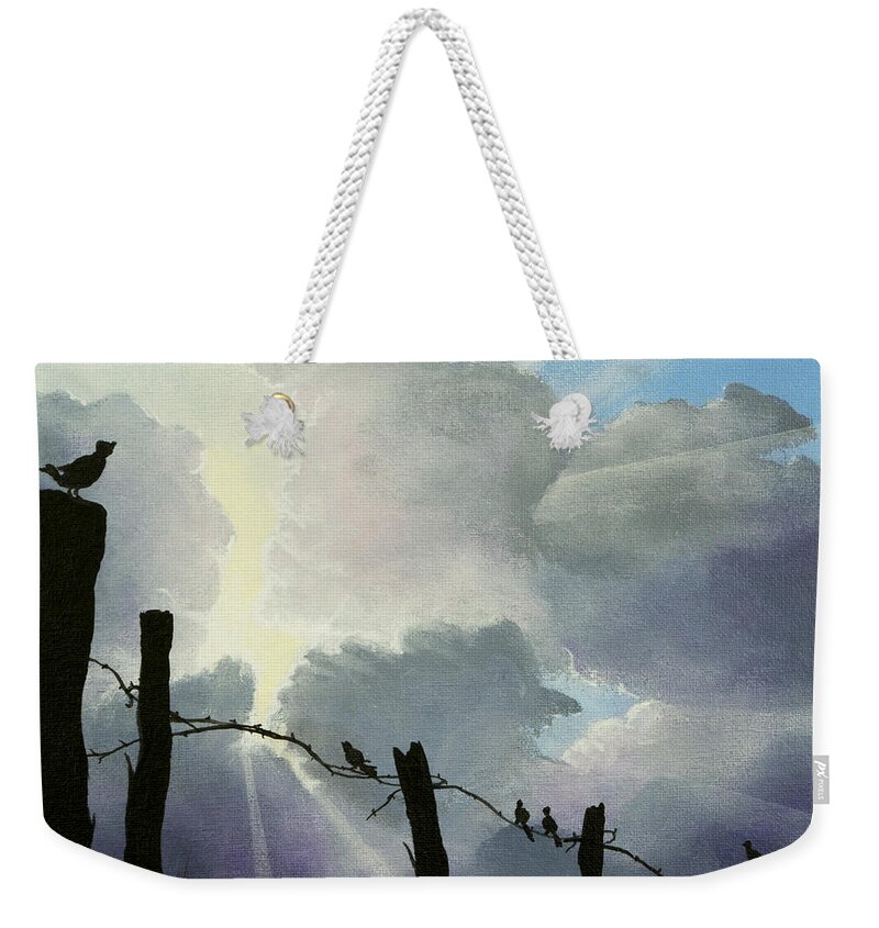 Barbwire Fence Weekender Tote Bag featuring the painting The Birds - Make a Joyful Noise by Jack Malloch