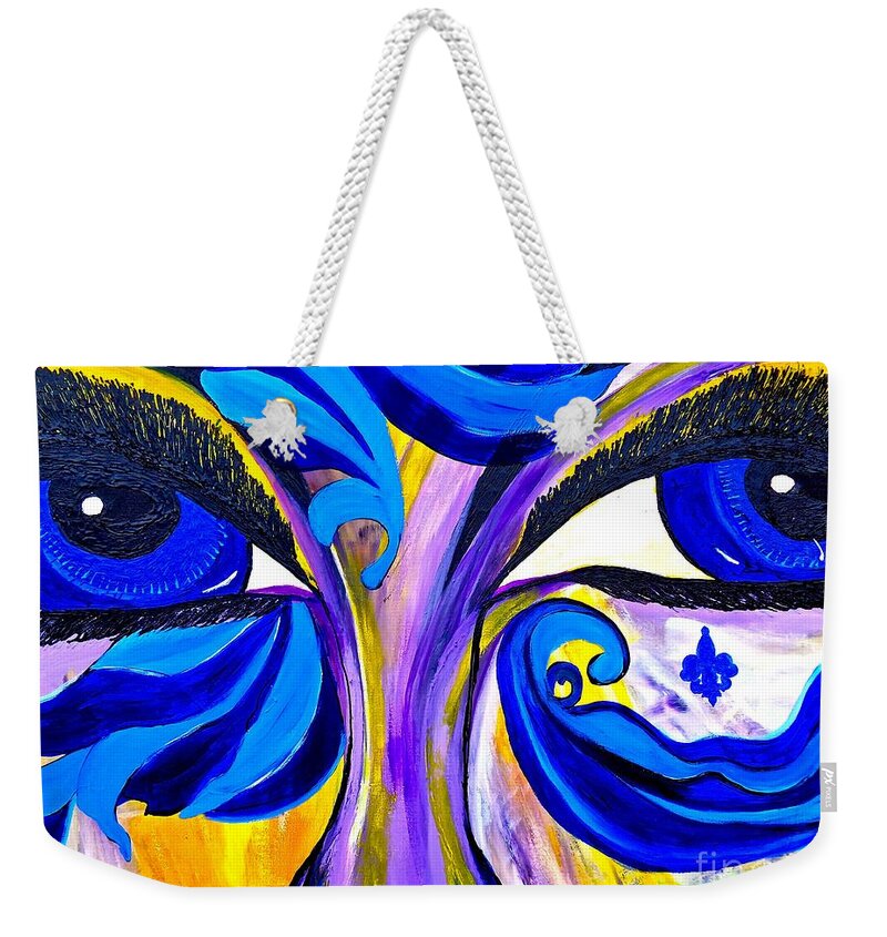 The Eyes Have It Weekender Tote Bag featuring the painting The Blue Eyes Have It Abstract 1 by Saundra Myles