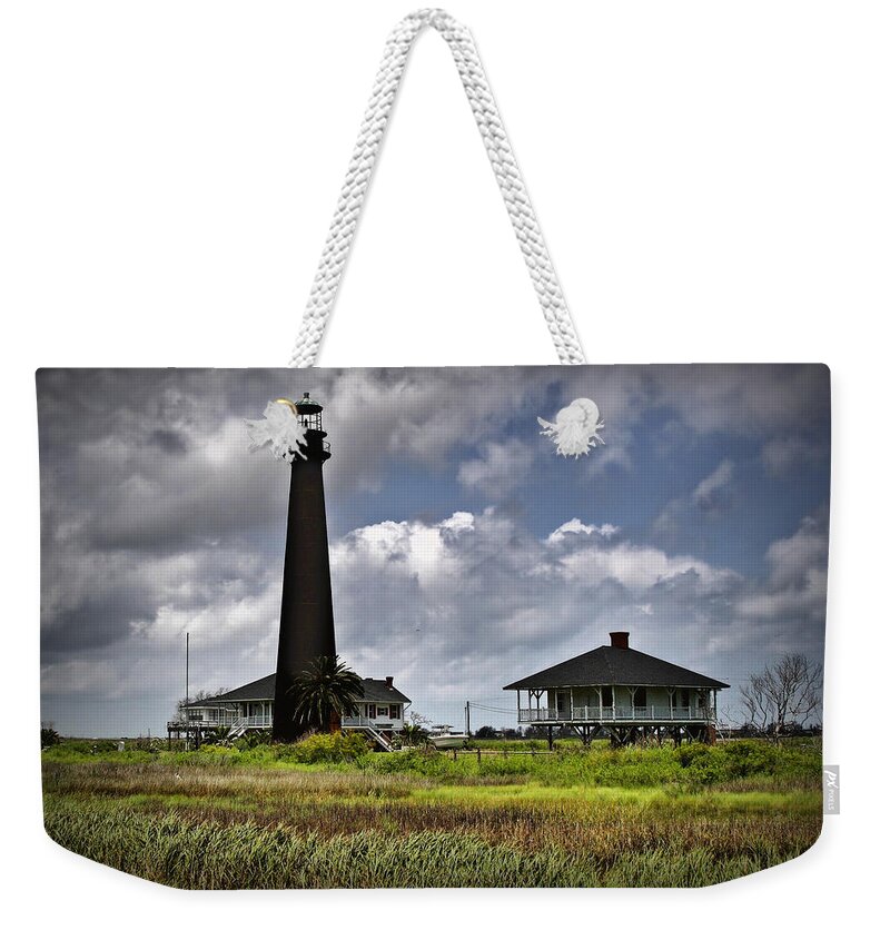 Lighthouse Weekender Tote Bag featuring the digital art The Bolivar Lighthouse by Linda Unger