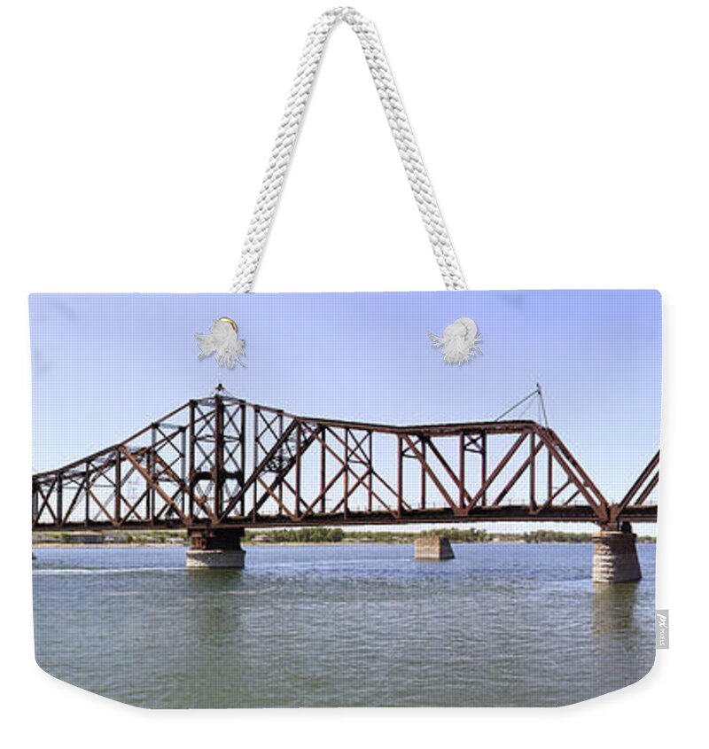 Railroad Weekender Tote Bag featuring the photograph The Chicago and North Western Railroad Bridge Panoramic by Mike McGlothlen