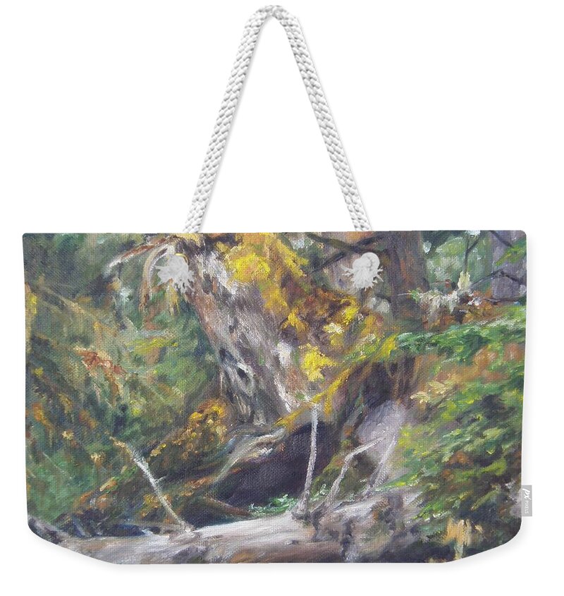 Landscape Weekender Tote Bag featuring the painting The Crying Log by Lori Brackett