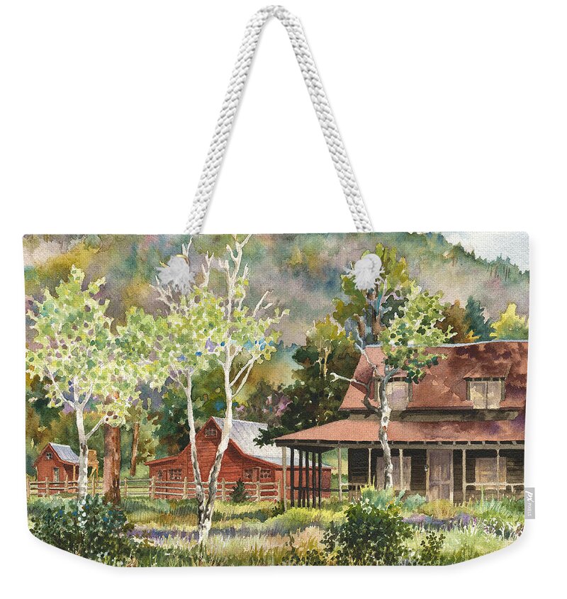 Barn Painting Weekender Tote Bag featuring the painting The DeLonde Homestead at Caribou Ranch by Anne Gifford